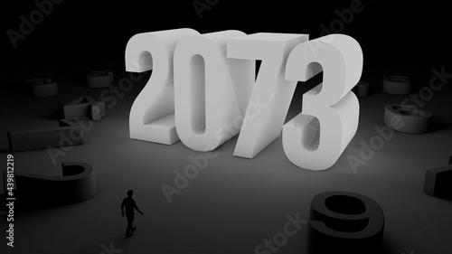 3D illustration of number 2073 with a man walking towards it