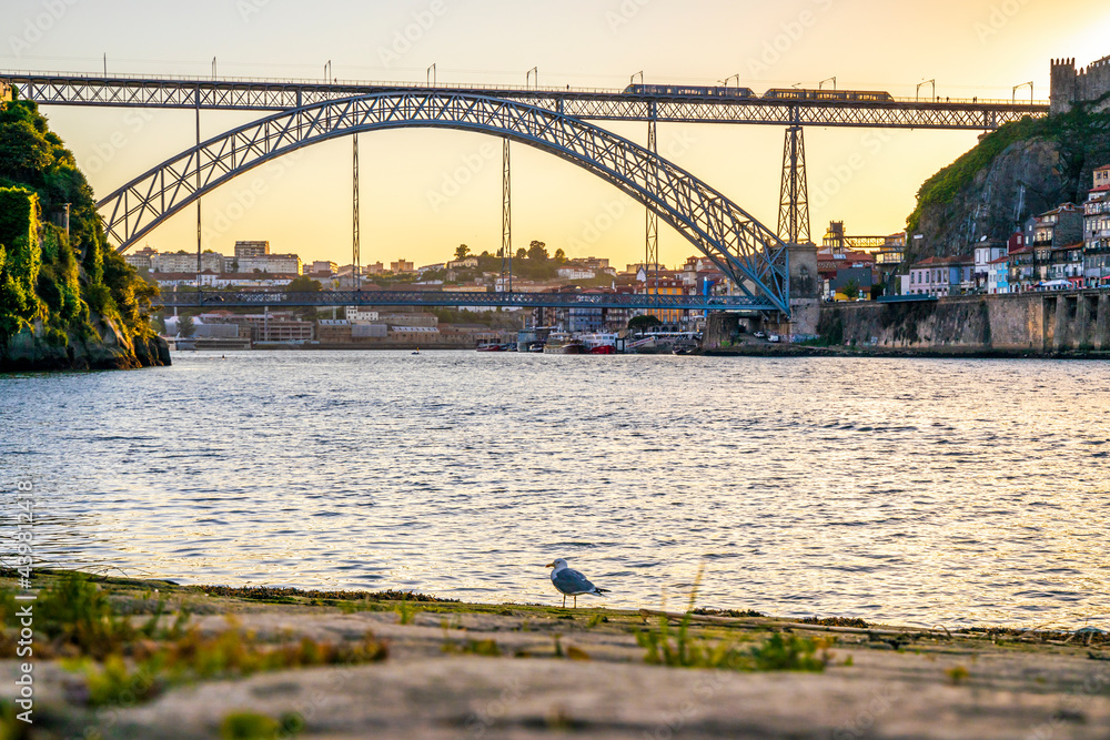 Naklejka premium Cityscape of Porto with Douro river and famous bridge by sunset, Portugal