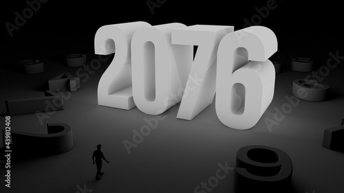 Tableau sur toile 3D illustration of number 2076 with a man walking towards it