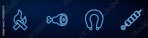 Set line Sausage, Campfire, Chicken leg and Grilled shish kebab. Glowing neon icon on brick wall. Vector