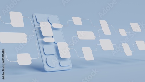UX UI flowchart connection node graphic designer creative planning application process development data prototype wireframe for web mobile icon phone . User experience concept. 3d rendering.