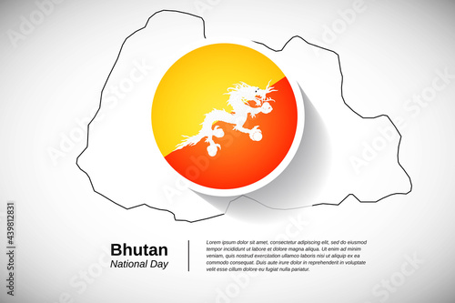 National day of Bhutan. Creative country flag of Bhutan with outline map illustration
