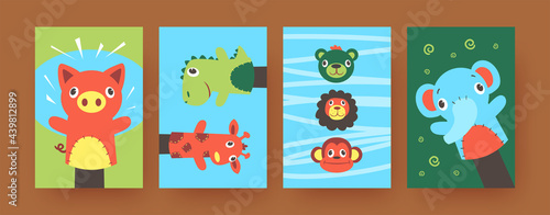 Set of contemporary art posters with cute hand sock puppets. Vector illustration. .Colorful collection of hand sock toys in form of soft animals in colored background. Puppet show, toy theater concept