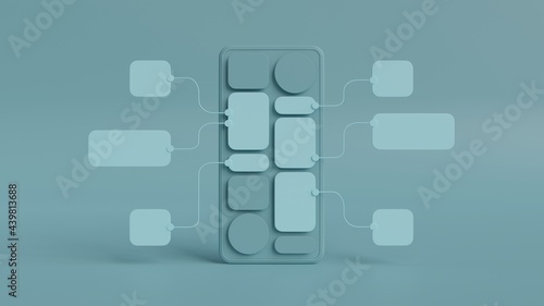 UX UI flowchart connection node graphic designer creative planning application process development data prototype wireframe for web mobile icon phone . User experience concept. 3d rendering. photo