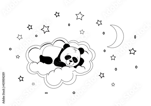 Cute panda on a cloud in the starry sky with the moon coloring pages