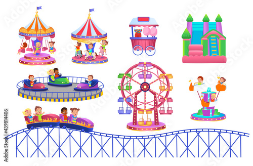 Theme Park set with electric cars, ferris wheel, carrousel, trampoline. Amusement park. Vector illustration for children.