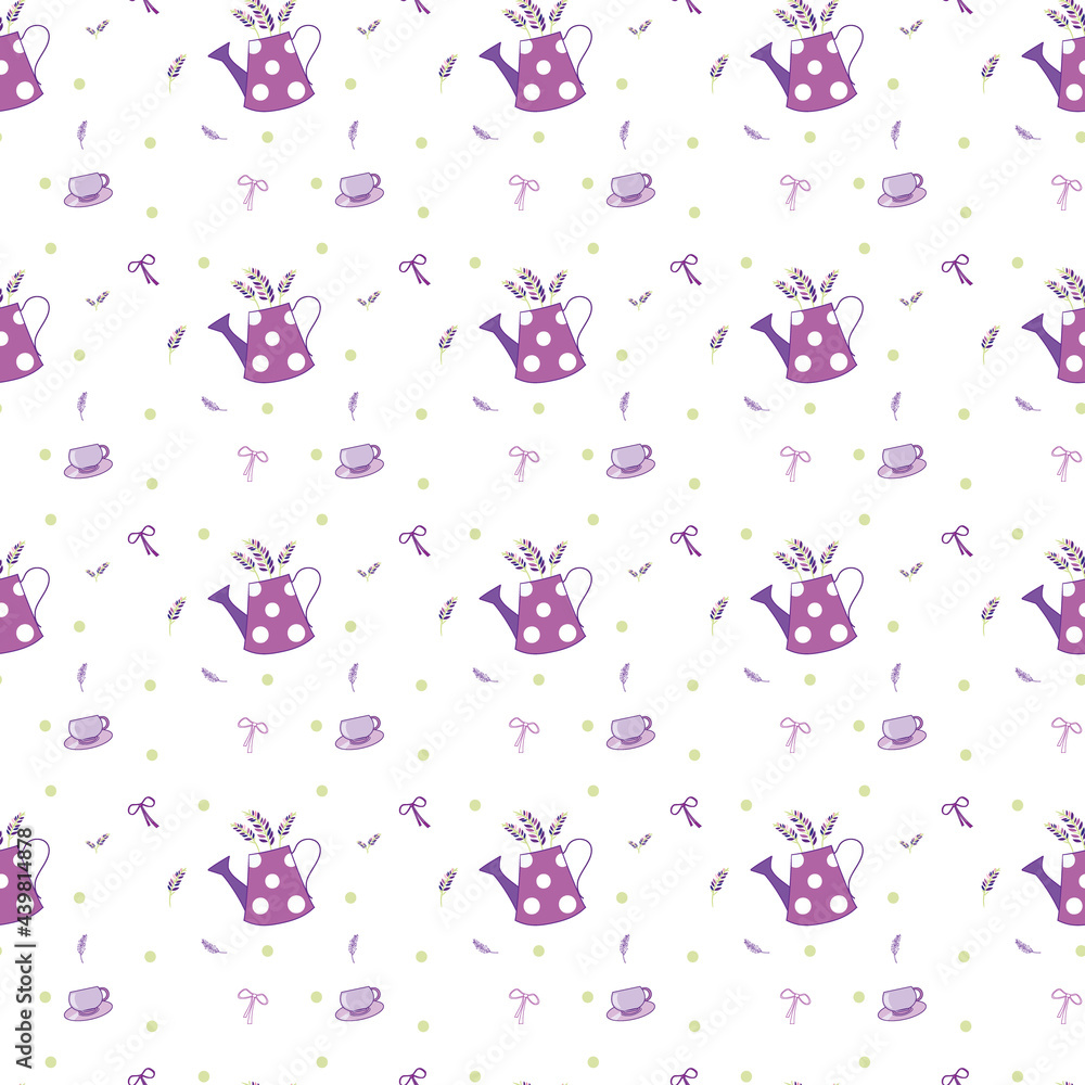 Seamless pattern, stems and leaves of lavender, retro purple watering can, mug, bow Seamless pattern, stems and leaves of lavender, retro purple watering can, mug, bow