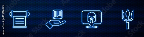 Set line Greek helmet, Decree, parchment, scroll, Ancient column and Neptune Trident. Glowing neon icon on brick wall. Vector