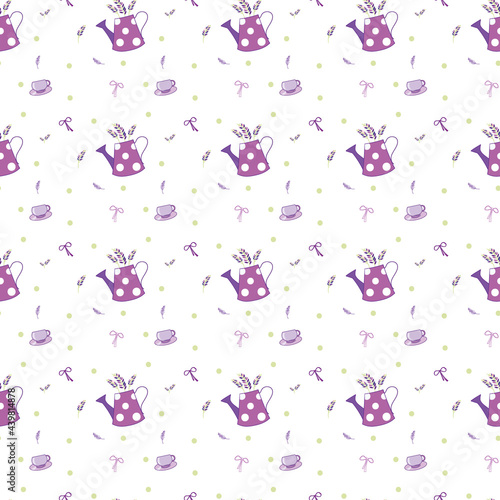 Seamless pattern, stems and leaves of lavender, retro purple watering can, mug, bow