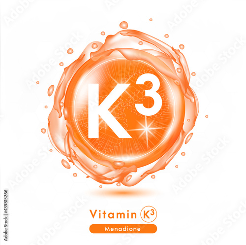 Vitamin K3 icon. Shining orange essence droplet. Vitamin complex with Chemical formula. Beauty treatment nutrition skin care design. Vector illustration photo