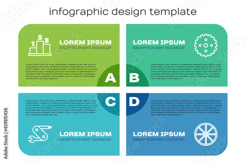 Set line Swiss army knife, Award over sports winner podium, Bicycle wheel and sprocket crank. Business infographic template. Vector