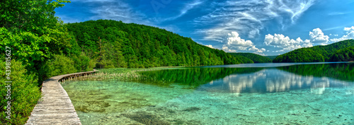Extra wide panorama of “Plitvice” Lake, path and bridge in HDR Croatia Europe National Park photo