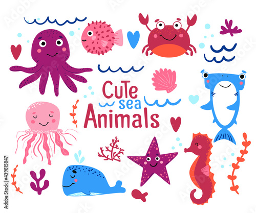 Set of cute sea animals .Crab, shark, whale, fish ball, seahorse, octopus, jellyfish and starfish on white background. Vector illustration.