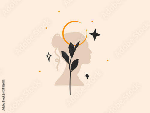 Hand drawn vector abstract stock flat graphic illustration with logo element,bohemian magic art of crescent,woman silhouette and floral leaf in simple style for branding,isolated on color background