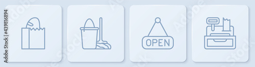 Set line Paper bag with bread loaf, Hanging sign Open, Mop and bucket and Cash register machine. White square button. Vector
