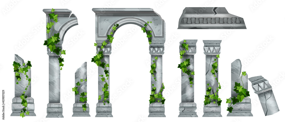 Vector marble roman pillar ruin set, Greek ancient architecture columns, green ivy leaves, climber plant. Temple stone arch collection, historical palace broken colonnade. Medieval pillar cracked ruin - obrazy, fototapety, plakaty 