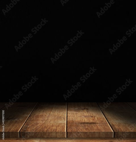 Wood table and black wall, empty wooden floor space with background for product display. 3d illustration
