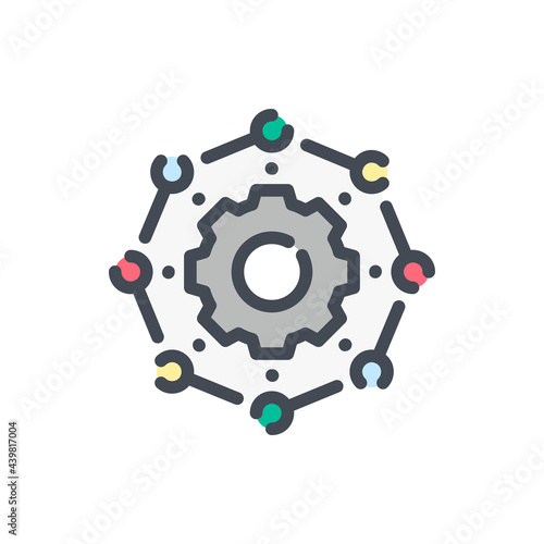 Workflow process and automated system color line icon. Gear with connection to circles vector outline colorful sign.