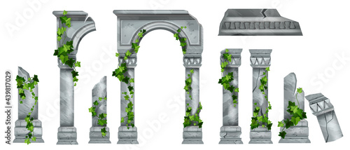 Vector marble roman pillar ruin set, Greek ancient architecture columns, green ivy leaves, climber plant. Temple stone arch collection, historical palace broken colonnade. Medieval pillar cracked ruin