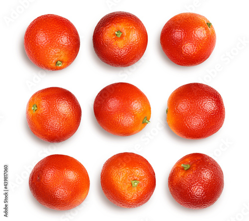 Blood red oranges isolated on white background with clipping path and full depth of field. Top view. Flat lay. Set or collection