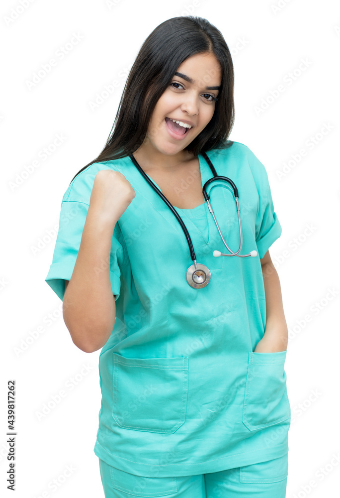 Motivierte Krankenschwester auf weissem Hintergrund Motivierte Krankenschwester auf weissem Hintergrund