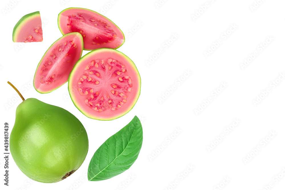 Guava fruit with slices isolated on white background. Top view with copy space for your text. Flat lay Guava fruit with slices isolated on white background. Top view with copy space for your text. Flat lay