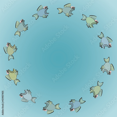 Fishes swimming in circles, one follows the other scared, rashly and thoughtlessly. Symbol for group dynamics, peer pressure, mass hysteria, overreliance, blind trust. Vector comic illustration.