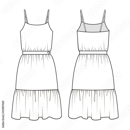 Fashion technical drawing of spaghetti strap dress with belt