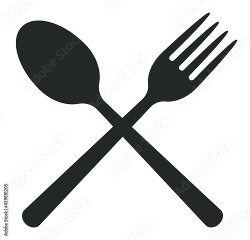 Fork and spoon crossed icon logo. Flat shape restaurant or cafe place sign. Utensil across. Kitchen and diner menu button symbol. Vector silhouette illustration image.