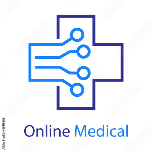 Logotipo con texto Online Medical con cruz con forma de  circuito digital con lineas en color azul