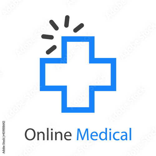 Logotipo con texto Online Medical con cruz con forma de puntero de mouse con lineas en color azul y gris