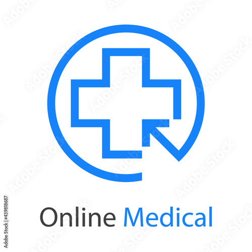 Logotipo con texto Online Medical con cruz y flecha de mouse en circulo con lineas en color azul