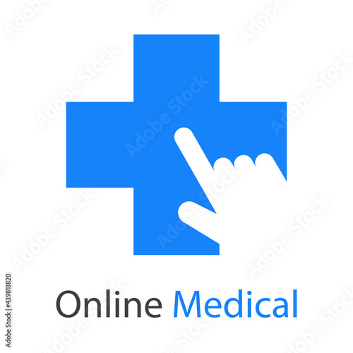Logotipo con texto Online Medical con cruz y mano como cursor de mouse en color azul