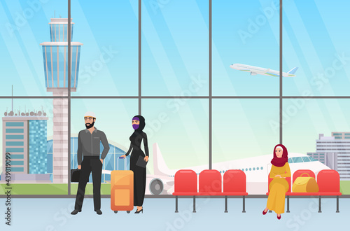 Arab people waiting for flight in airport hall terminal departure interior with panoramic window vector illustration. Cartoon young muslim woman in hijab standing with personal baggage before travel