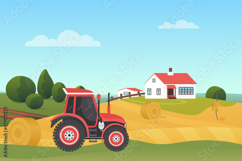 Harvesting in autumn landscape, modern farm tractor on wheat fields with haystacks vector illustration. Cartoon countryside village scenery, agricultural machine, farmhouse building on hill background