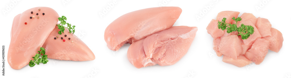 Fresh chicken fillet isolated on white background with full depth of field. Set or collection Fresh chicken fillet isolated on white background with full depth of field. Set or collection