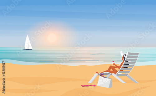 Summer sea beach holidays  travel vacation vector illustration. Cartoon young bikini girl character in hat sunbathing  lady sitting in beach lounge chair with cocktail in hand  back view background
