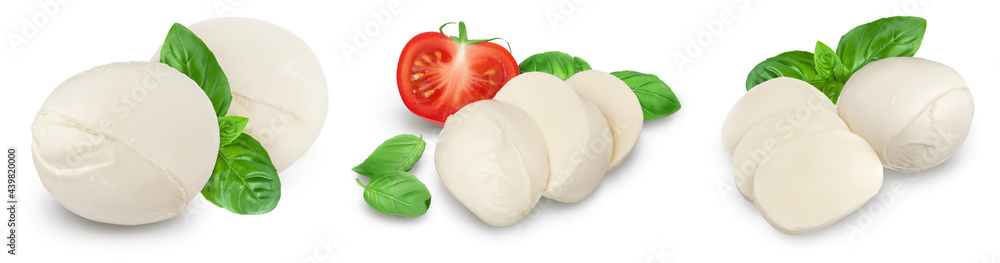 Mozzarella cheese sliced with basil leaf isolated on white background . Set or collection Mozzarella cheese sliced with basil leaf isolated on white background . Set or collection