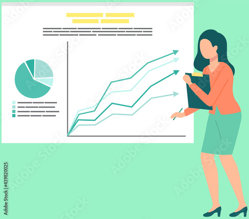 Business woman analysing sales statistics graphs on presentation screen. Brainstorming statistical diagrams and charts. Presentation of business strategy concept. Girl conducts analysis of data