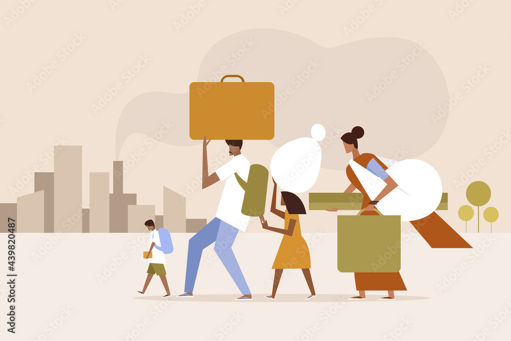 Φωτογραφία Illustration of a Indian rural family migrating to an industrial city in search
