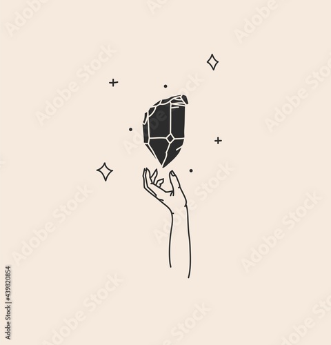 Hand drawn vector abstract stock flat graphic illustration with logo element,bohemian magic art of crystal silhouette,stars,woman hand in simple style for branding,isolated on color background