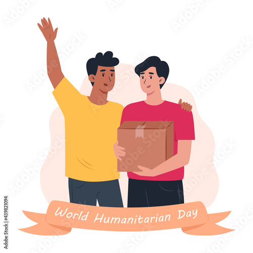 World humanitarian day, volunteers men holding cardboard box