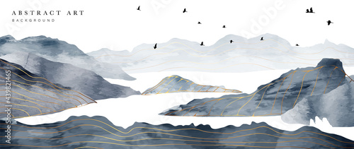 Mountain and sun Abstract art background vector. Luxury oriental style watercolor background with line art and brush texture. Wallpaper design for prints, cover, banner, wall art and home decoration.