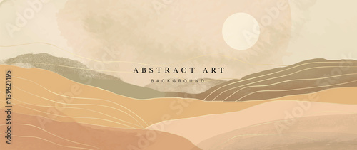 Mountain and sun Abstract art background vector. Luxury oriental style watercolor background with line art and brush texture. Wallpaper design for prints, cover, banner, wall art and home decoration.