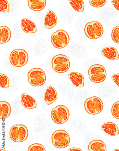 Citrus slice oranges fruit outline and colors seamless pattern on white background. Vector flat cartoon illustration.