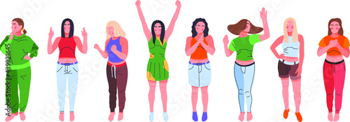 Woman collection. Vector illustration of diverse  emotion characters standing cartoon women in casual outfits. Isolated on white. Flat Cartoon Vector Illustration.
