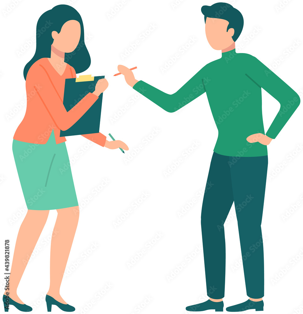 Arguing people vector illustration. Man and woman disputing about something isolated on white background. Couple discussing topic. Businesswoman with clipboard is proving her position to guy Arguing people vector illustration. Man and woman disputing about something isolated on white background. Couple discussing topic. Businesswoman with clipboard is proving her position to guy
