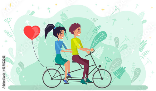 Couple riding twin or tandem bicycle. Woman and man spend time on date actively. Summer activity concept. People on date ride bike for two. Loving characters in tandem on abstract floral background