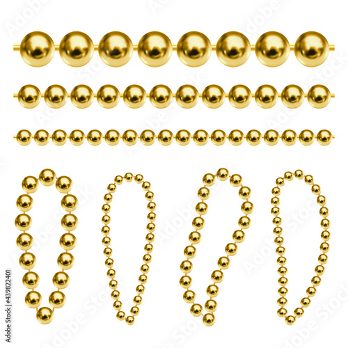 Set of realistic  gold chains. Luxury golden beads for keychain, necklace or bracelet isolated on white background. Line and oval shapes for your design. Vector illustration EPS10