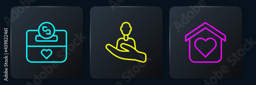 Set line Donation and charity, Shelter for homeless and Caring people. Black square button. Vector